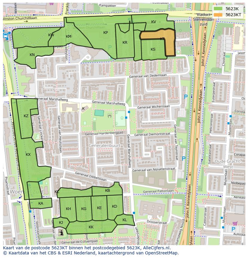 Afbeelding van het postcodegebied 5623 KT op de kaart.