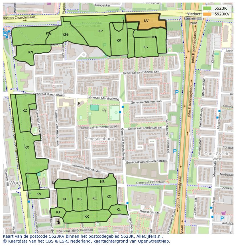 Afbeelding van het postcodegebied 5623 KV op de kaart.