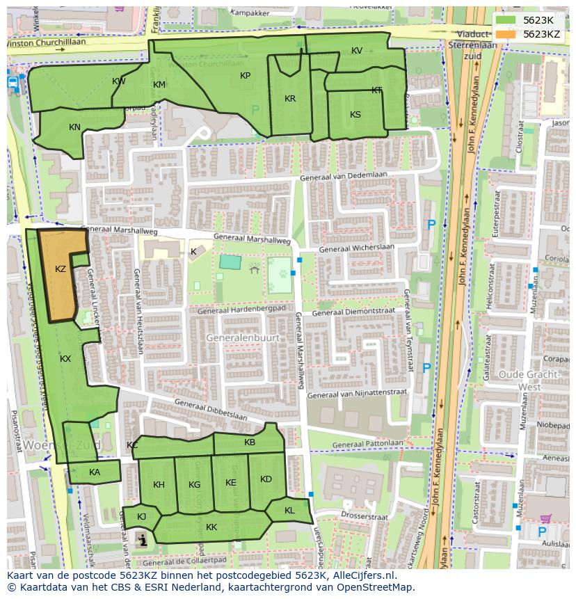 Afbeelding van het postcodegebied 5623 KZ op de kaart.