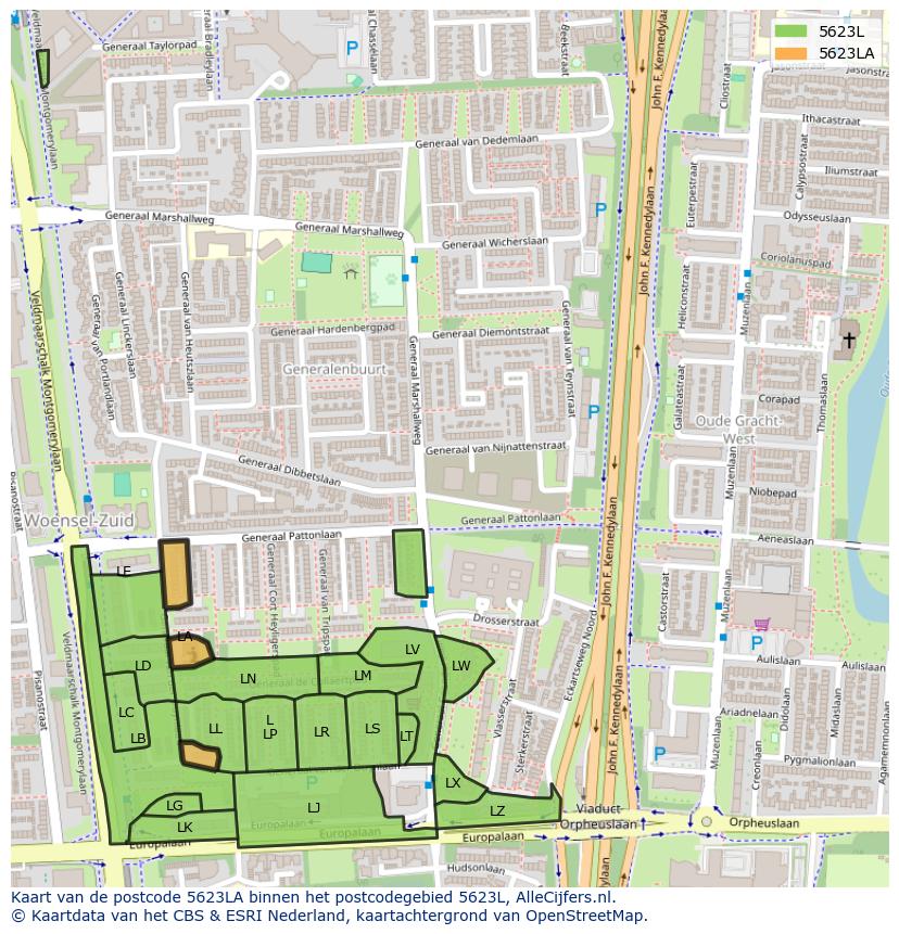Afbeelding van het postcodegebied 5623 LA op de kaart.