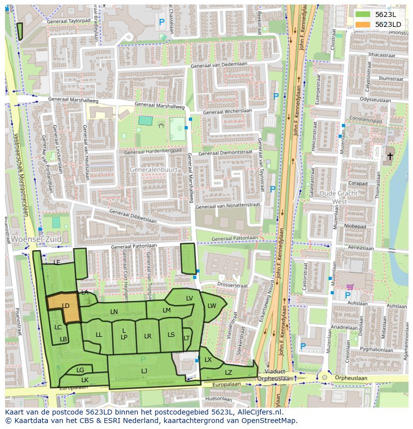 Afbeelding van het postcodegebied 5623 LD op de kaart.