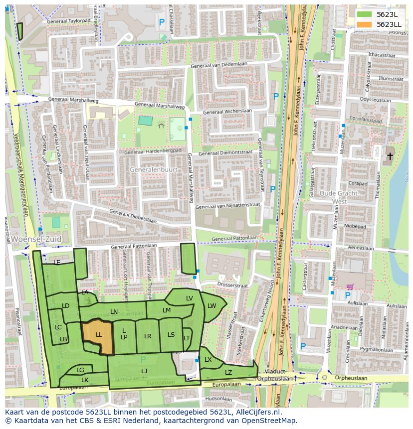 Afbeelding van het postcodegebied 5623 LL op de kaart.