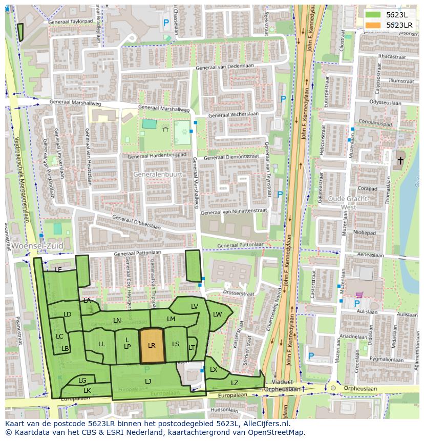 Afbeelding van het postcodegebied 5623 LR op de kaart.