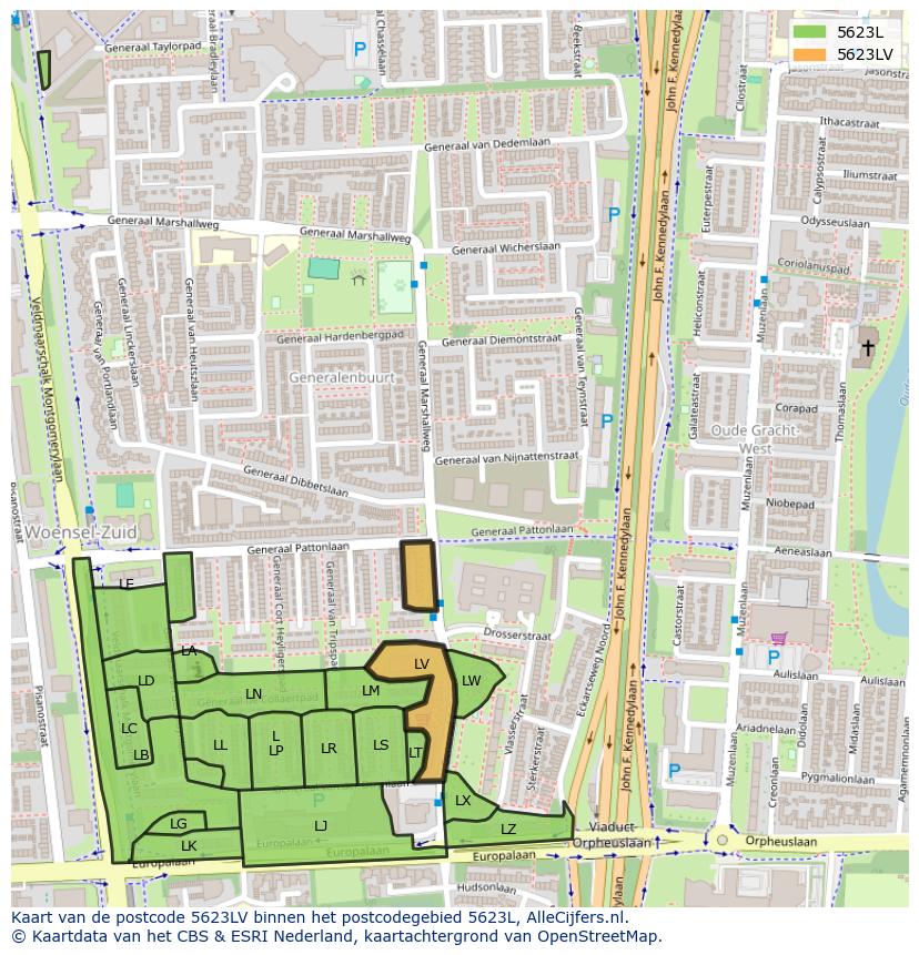 Afbeelding van het postcodegebied 5623 LV op de kaart.