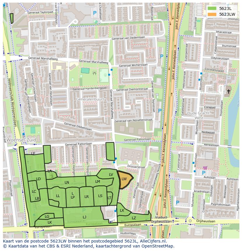 Afbeelding van het postcodegebied 5623 LW op de kaart.