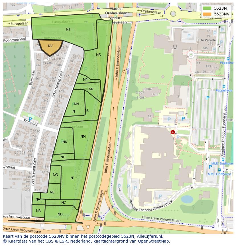 Afbeelding van het postcodegebied 5623 NV op de kaart.