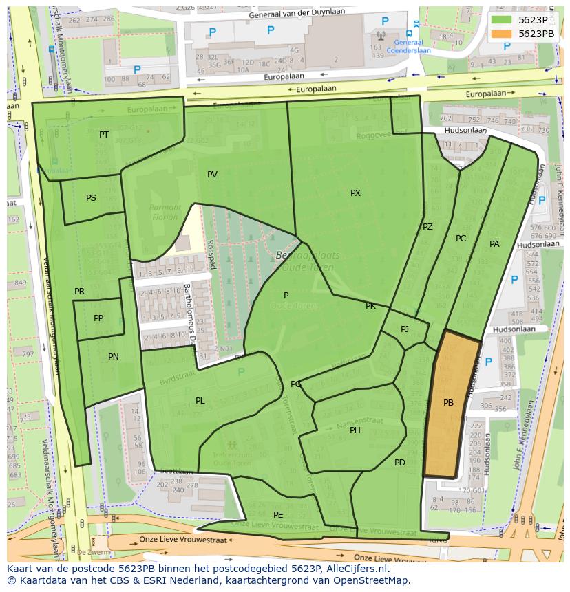 Afbeelding van het postcodegebied 5623 PB op de kaart.