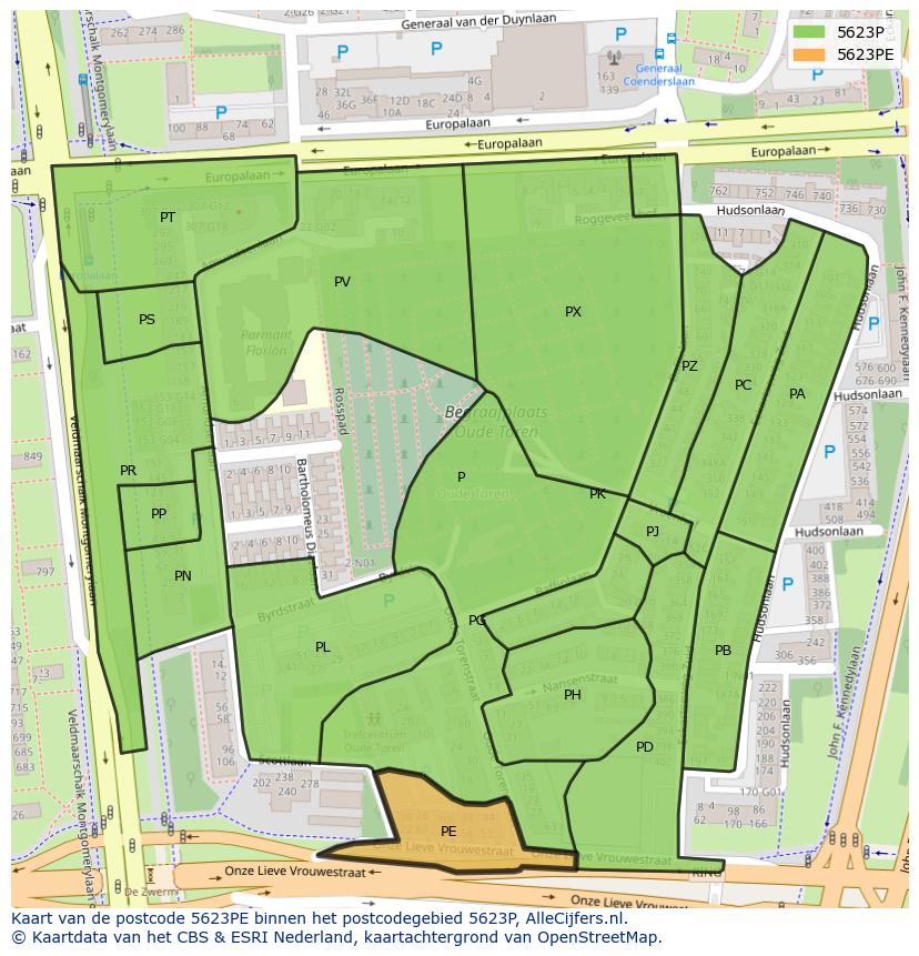 Afbeelding van het postcodegebied 5623 PE op de kaart.