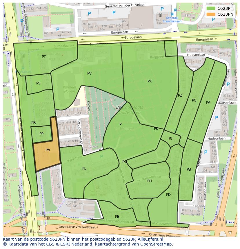 Afbeelding van het postcodegebied 5623 PN op de kaart.