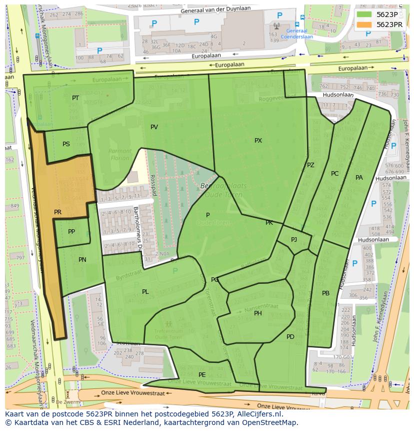 Afbeelding van het postcodegebied 5623 PR op de kaart.