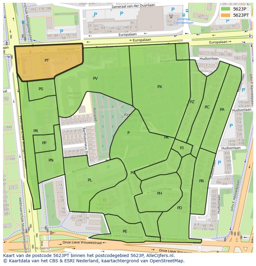 Afbeelding van het postcodegebied 5623 PT op de kaart.