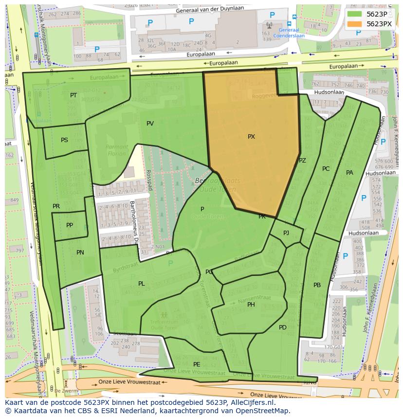 Afbeelding van het postcodegebied 5623 PX op de kaart.