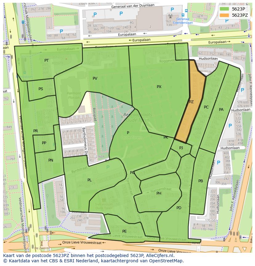 Afbeelding van het postcodegebied 5623 PZ op de kaart.