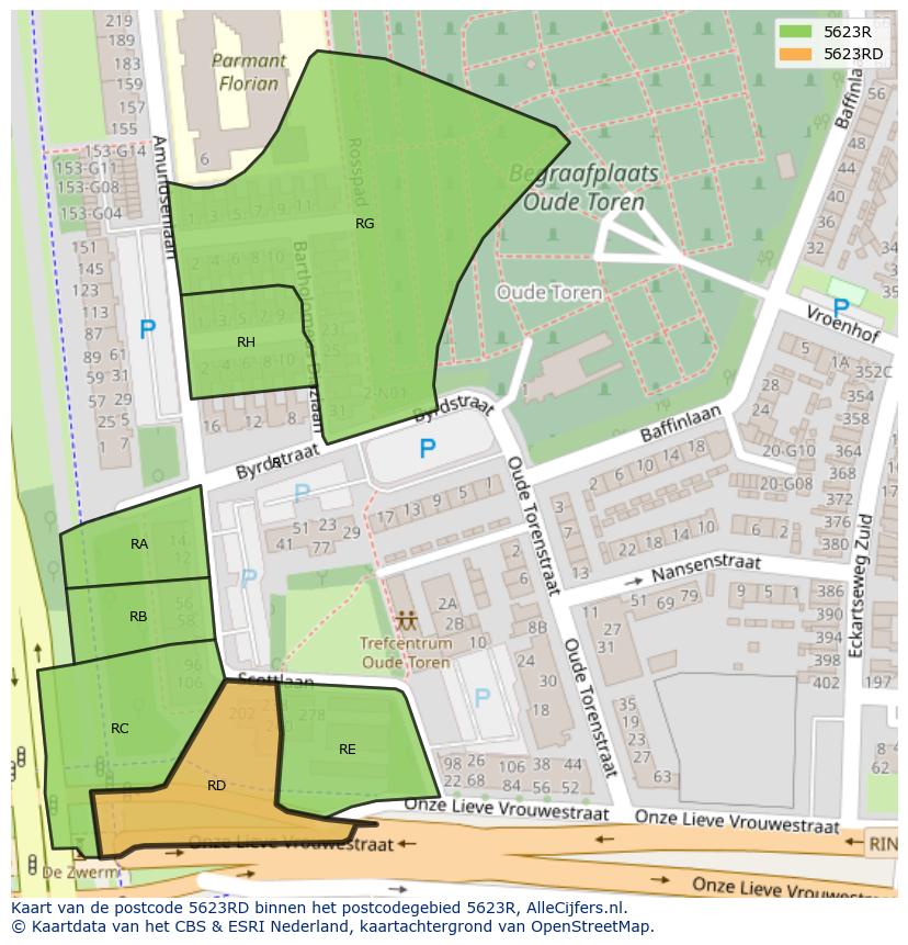 Afbeelding van het postcodegebied 5623 RD op de kaart.
