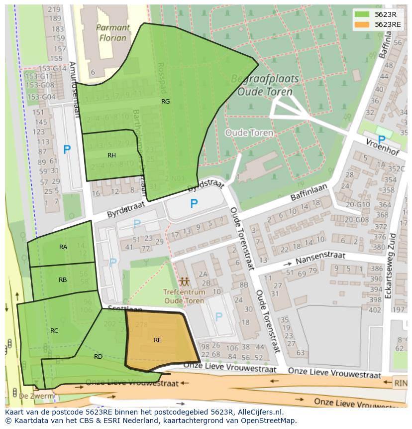Afbeelding van het postcodegebied 5623 RE op de kaart.