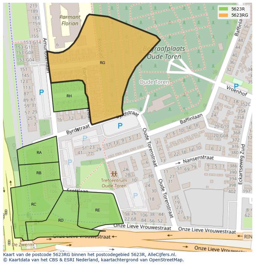 Afbeelding van het postcodegebied 5623 RG op de kaart.