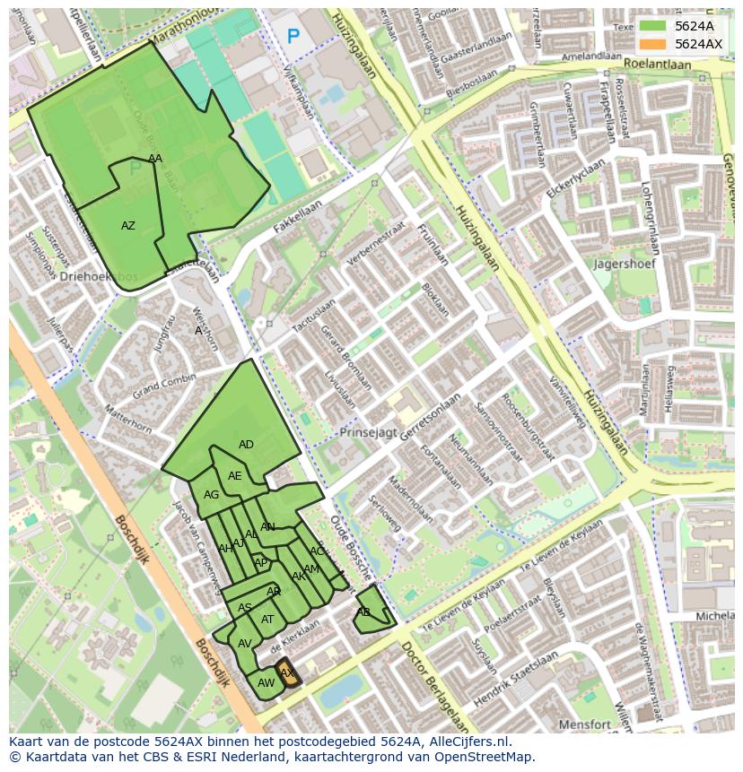 Afbeelding van het postcodegebied 5624 AX op de kaart.