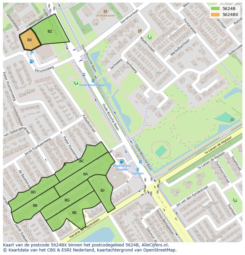 Afbeelding van het postcodegebied 5624 BX op de kaart.