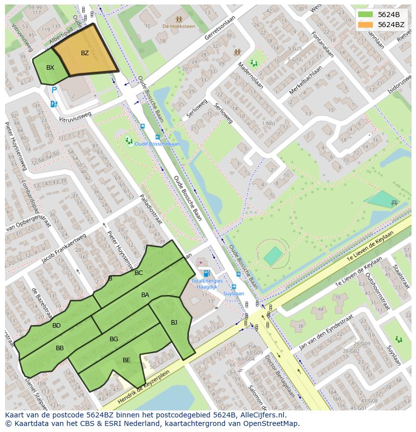 Afbeelding van het postcodegebied 5624 BZ op de kaart.