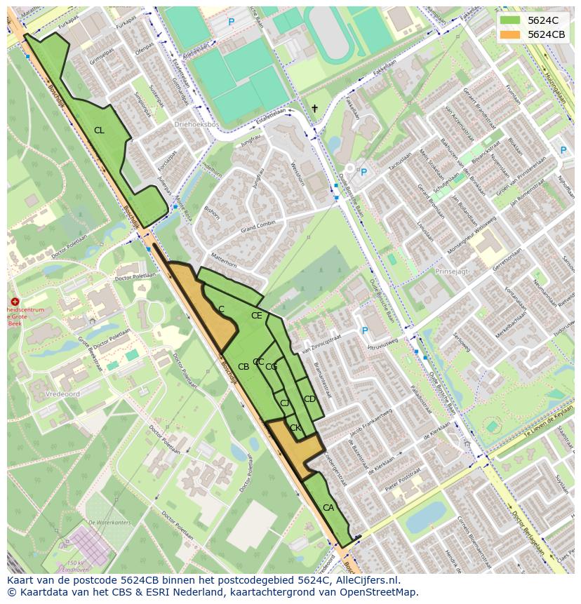 Afbeelding van het postcodegebied 5624 CB op de kaart.