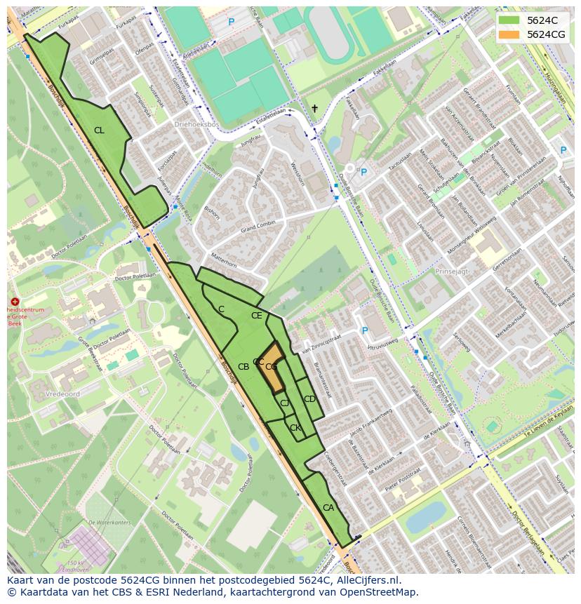 Afbeelding van het postcodegebied 5624 CG op de kaart.