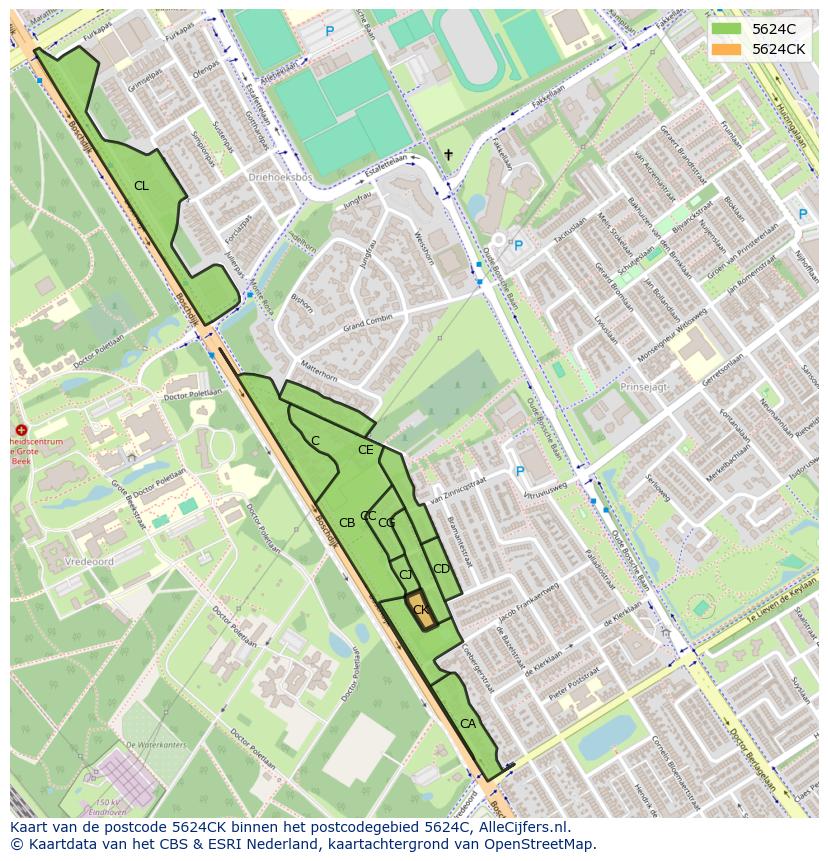Afbeelding van het postcodegebied 5624 CK op de kaart.
