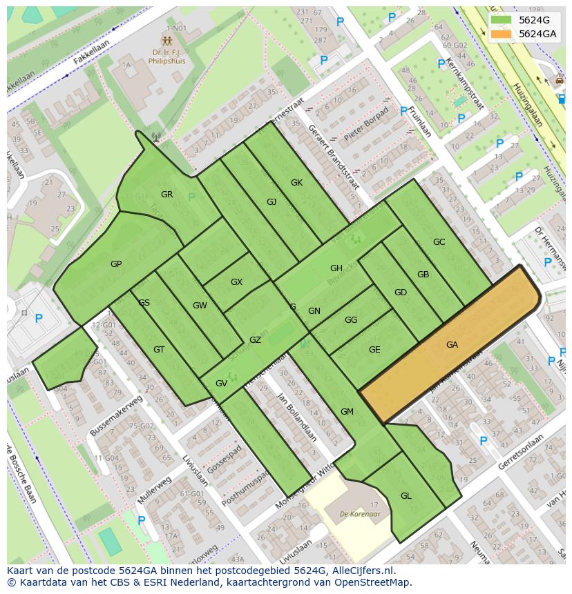 Afbeelding van het postcodegebied 5624 GA op de kaart.