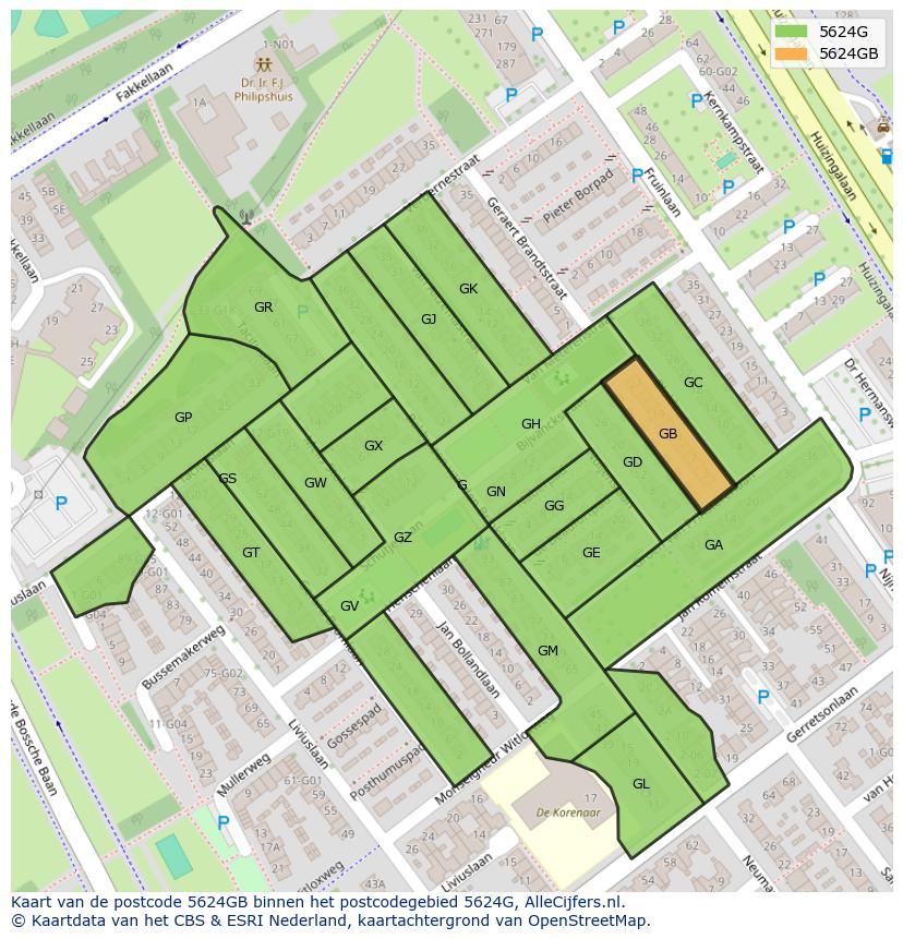Afbeelding van het postcodegebied 5624 GB op de kaart.