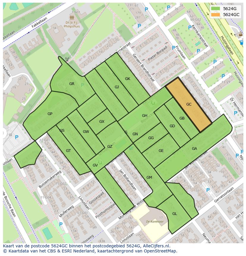 Afbeelding van het postcodegebied 5624 GC op de kaart.