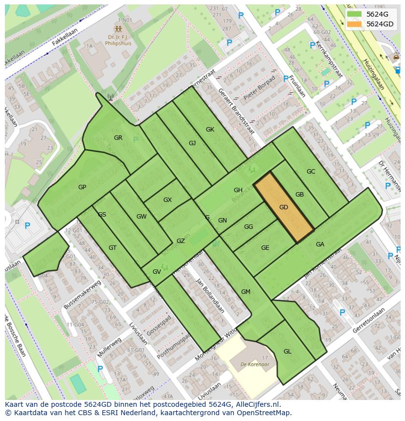 Afbeelding van het postcodegebied 5624 GD op de kaart.