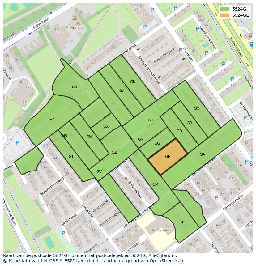 Afbeelding van het postcodegebied 5624 GE op de kaart.