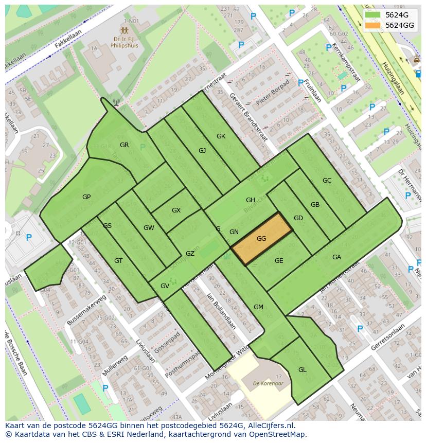 Afbeelding van het postcodegebied 5624 GG op de kaart.