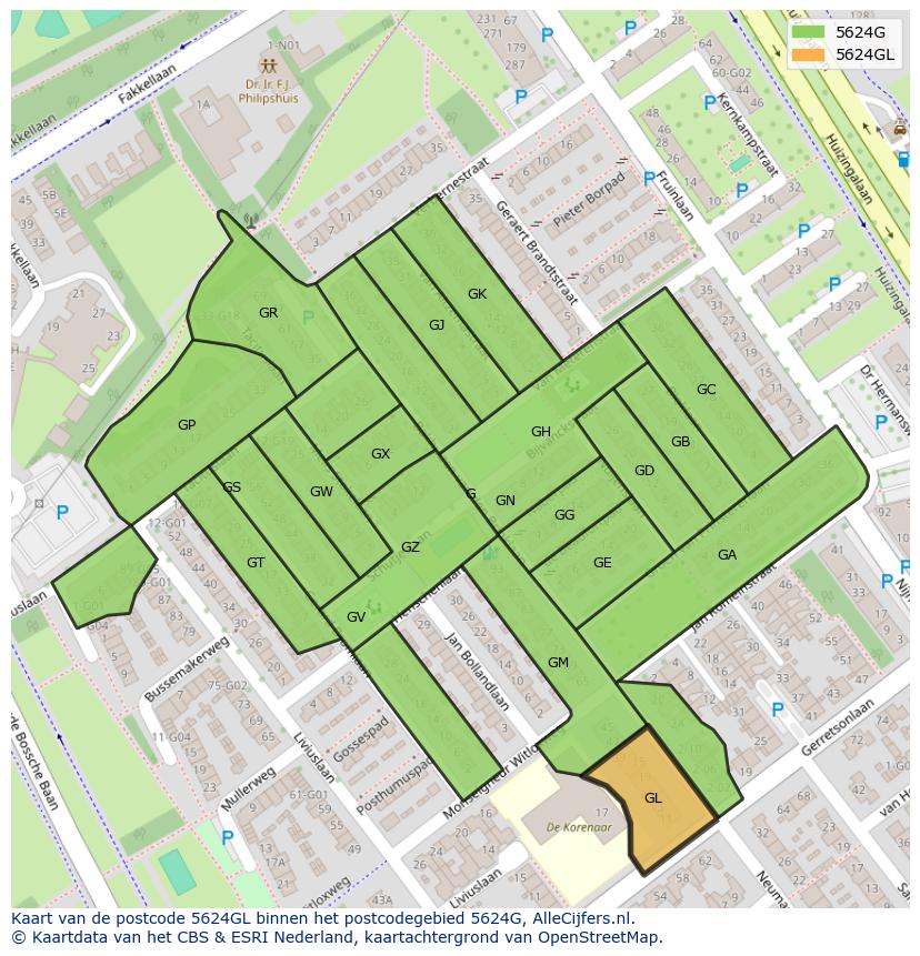 Afbeelding van het postcodegebied 5624 GL op de kaart.