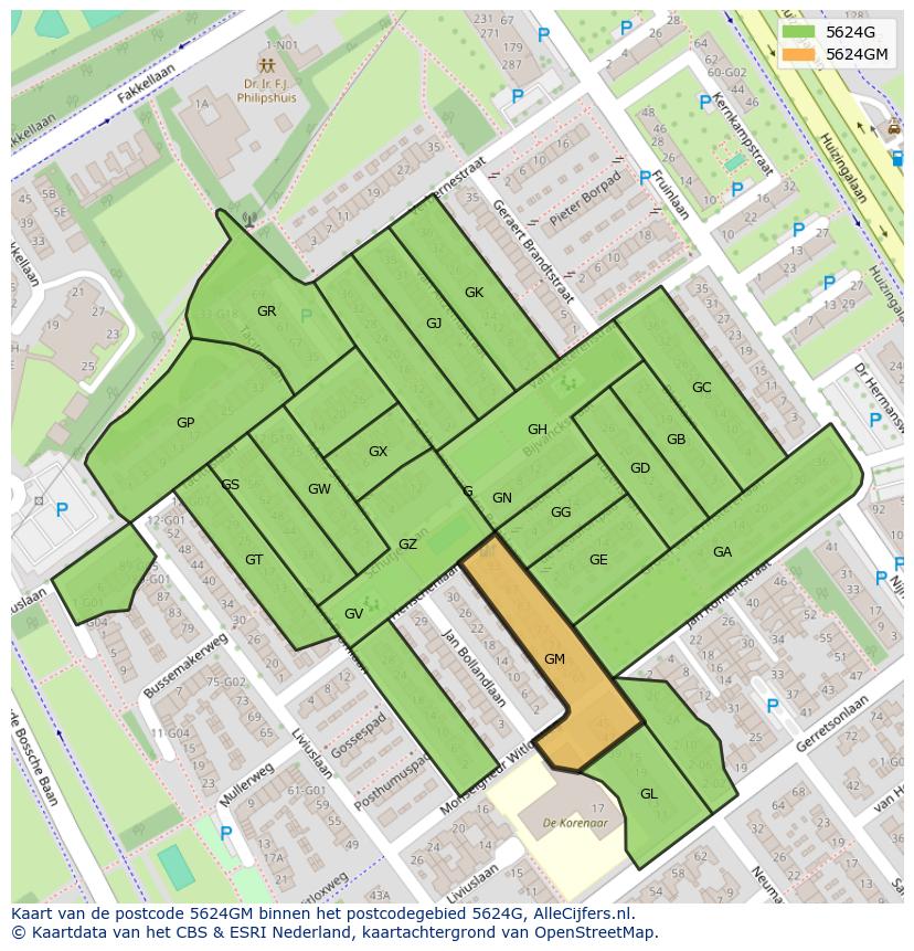 Afbeelding van het postcodegebied 5624 GM op de kaart.