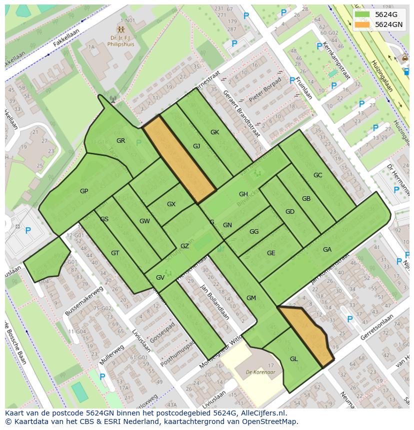 Afbeelding van het postcodegebied 5624 GN op de kaart.