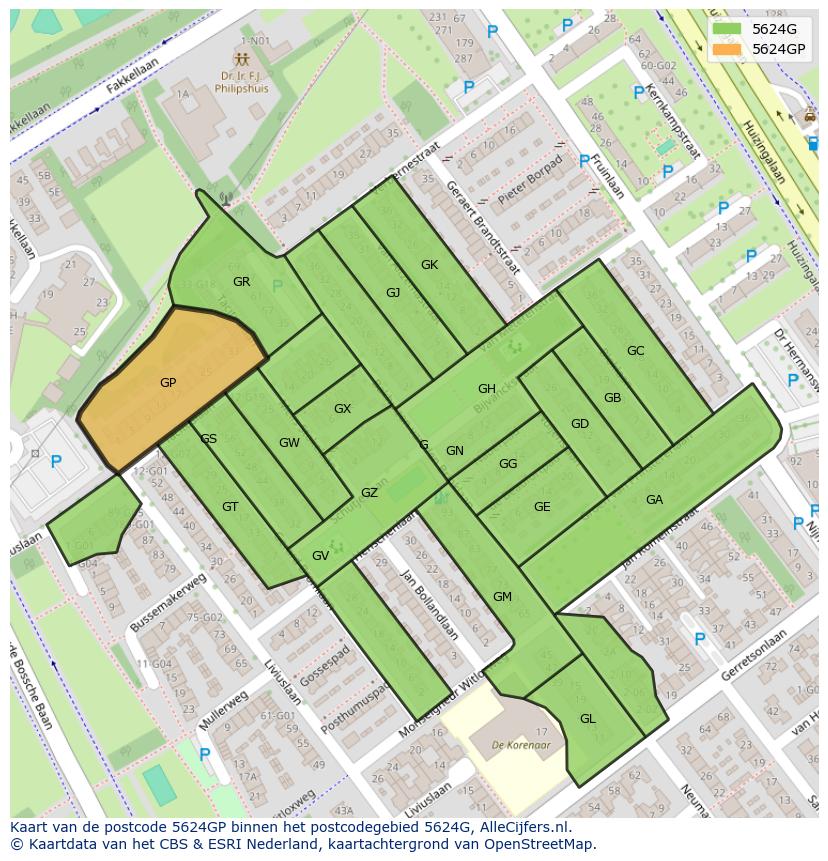 Afbeelding van het postcodegebied 5624 GP op de kaart.