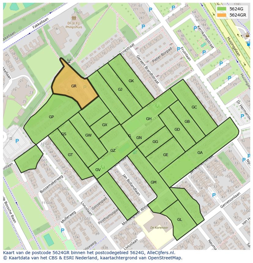 Afbeelding van het postcodegebied 5624 GR op de kaart.