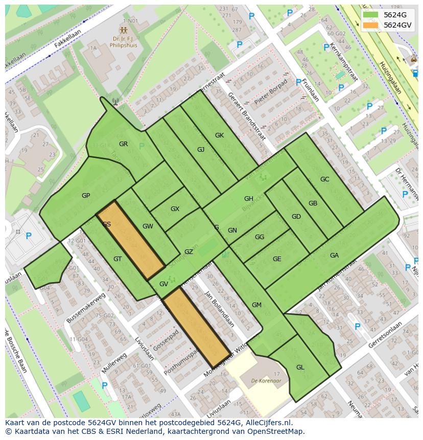 Afbeelding van het postcodegebied 5624 GV op de kaart.