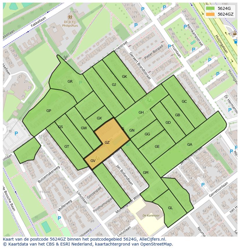 Afbeelding van het postcodegebied 5624 GZ op de kaart.