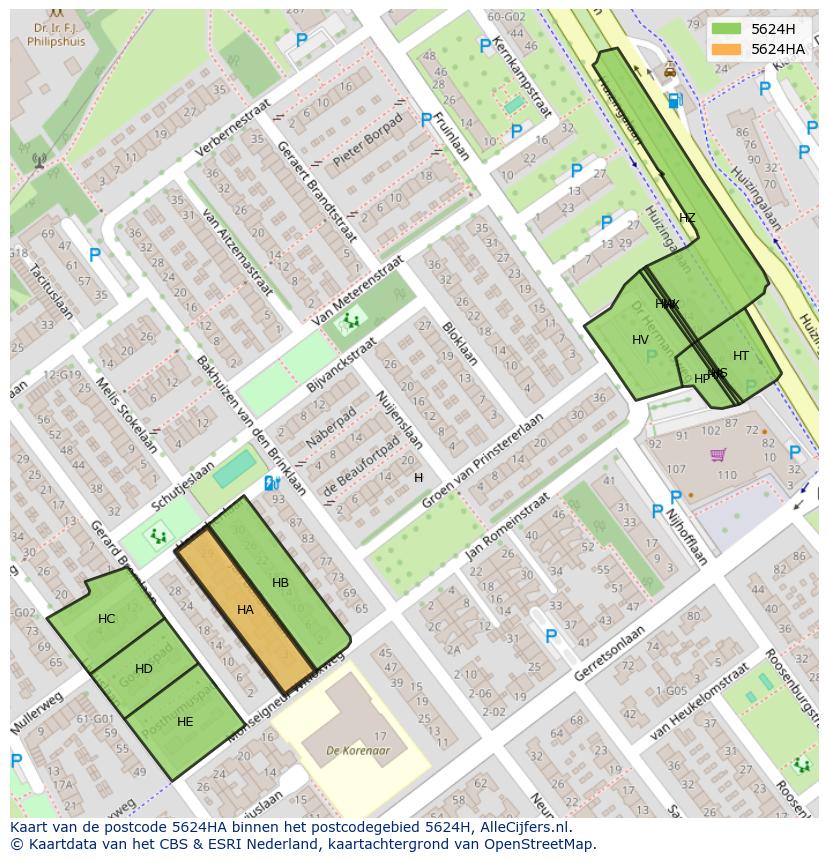 Afbeelding van het postcodegebied 5624 HA op de kaart.