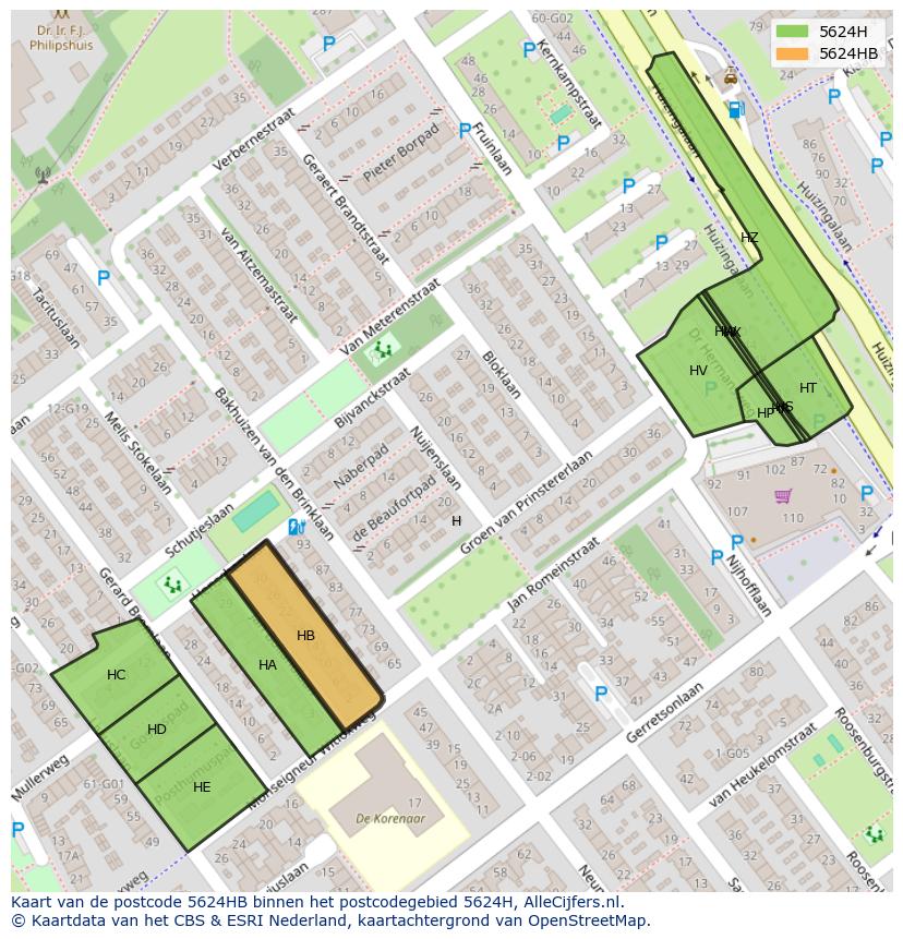 Afbeelding van het postcodegebied 5624 HB op de kaart.
