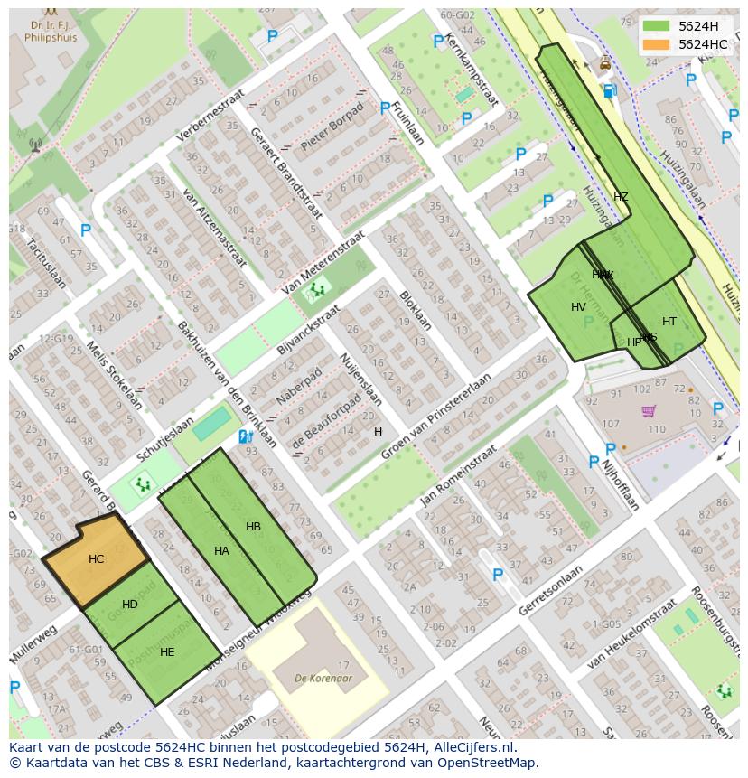 Afbeelding van het postcodegebied 5624 HC op de kaart.