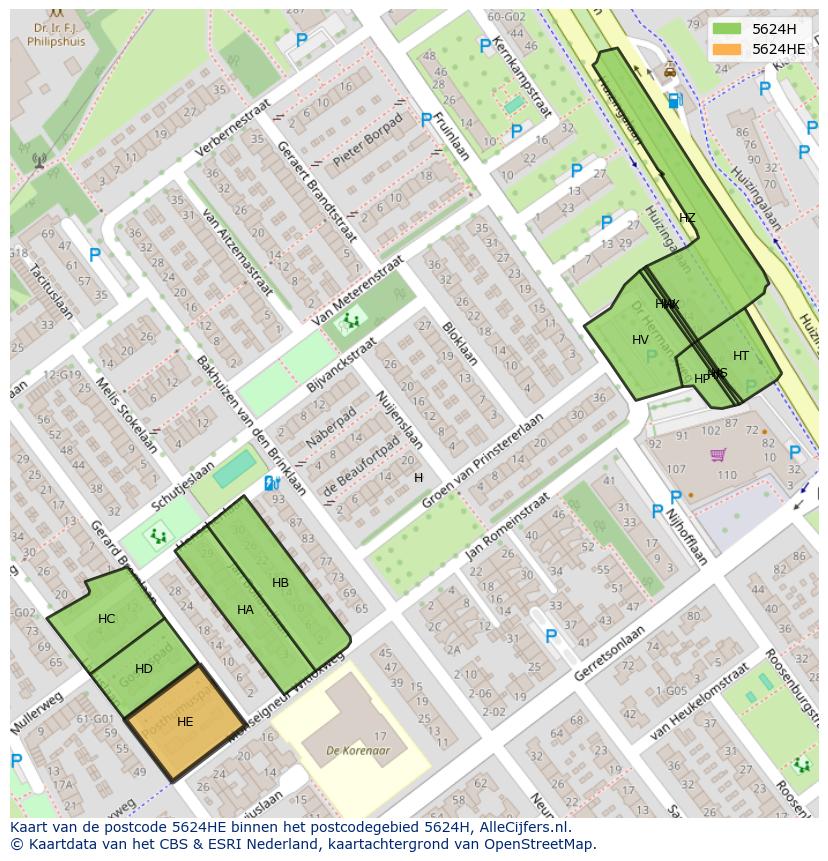 Afbeelding van het postcodegebied 5624 HE op de kaart.