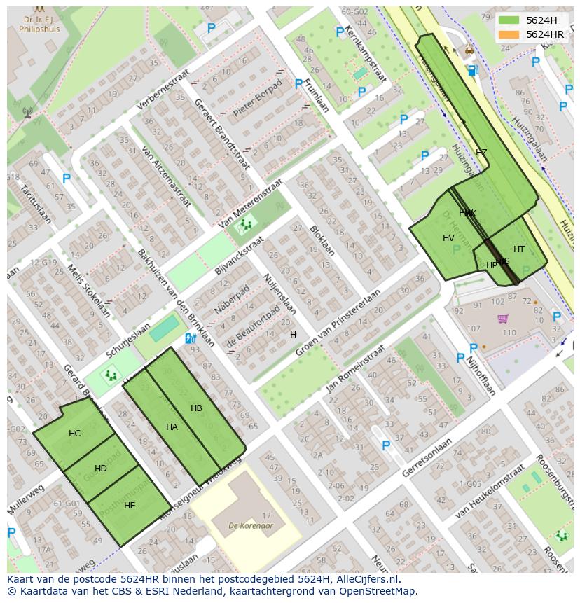 Afbeelding van het postcodegebied 5624 HR op de kaart.