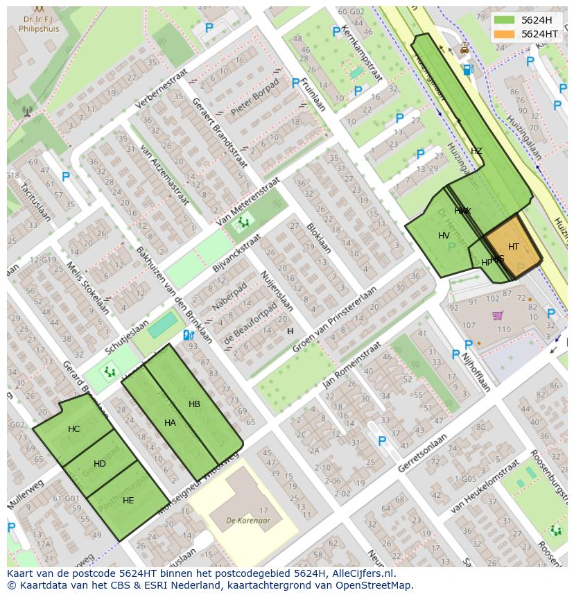 Afbeelding van het postcodegebied 5624 HT op de kaart.