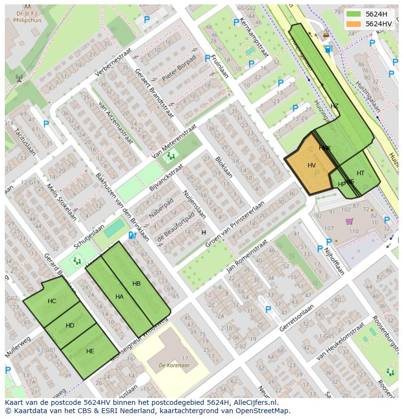 Afbeelding van het postcodegebied 5624 HV op de kaart.