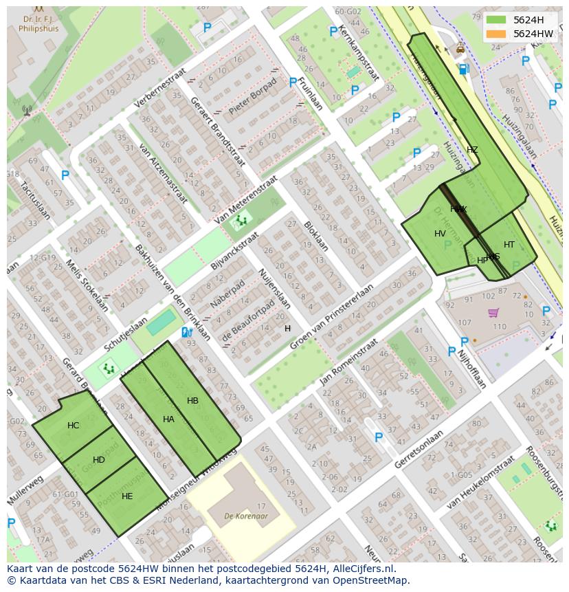 Afbeelding van het postcodegebied 5624 HW op de kaart.