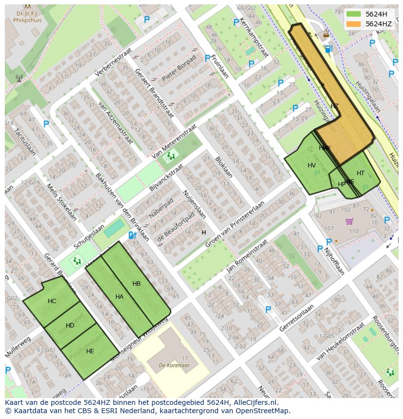 Afbeelding van het postcodegebied 5624 HZ op de kaart.