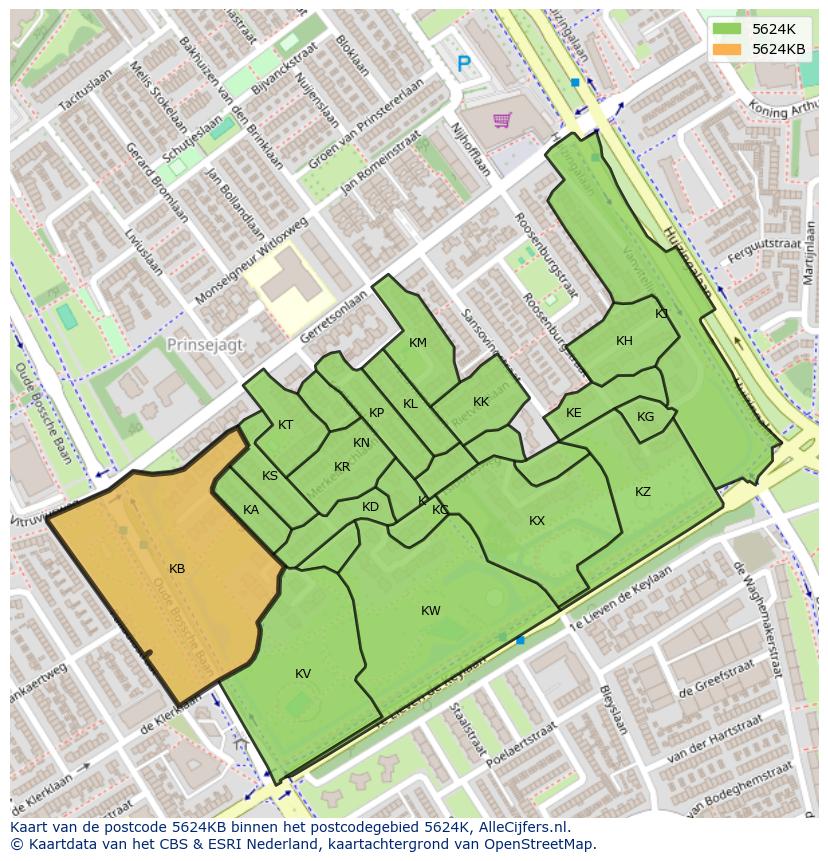 Afbeelding van het postcodegebied 5624 KB op de kaart.
