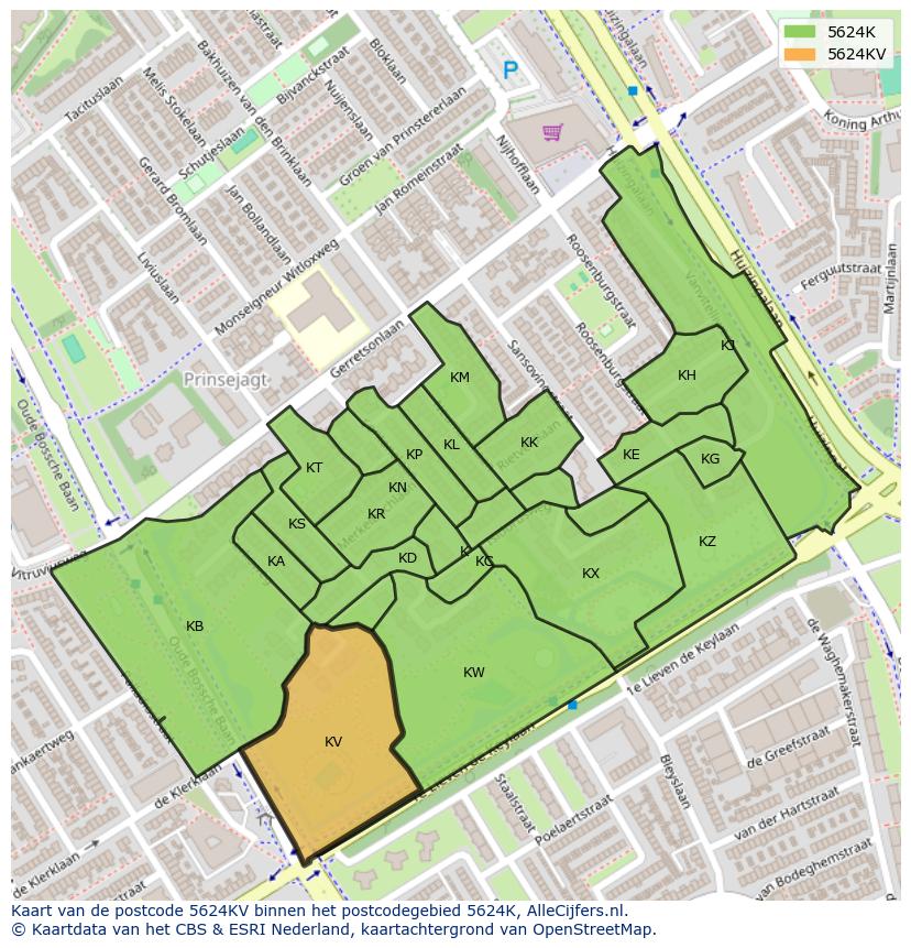 Afbeelding van het postcodegebied 5624 KV op de kaart.
